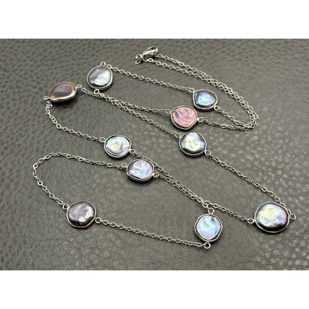Sterling Silver Iridescent Peacock Coin Pearl Station Necklace 35